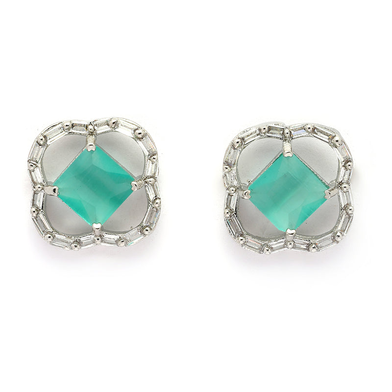 Rhodium Plated Silver Toned Square Shaped Sea Green & White American Diamond Studded Pendant Combo With Ring