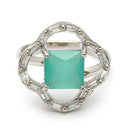 Rhodium Plated Silver Toned Square Shaped Sea Green & White American Diamond Studded Pendant Combo With Ring