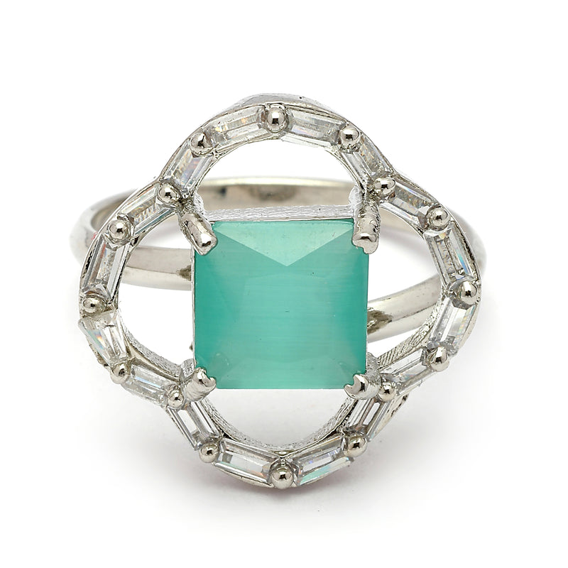 Rhodium Plated Silver Toned Square Shaped Sea Green & White American Diamond Studded Pendant Combo With Ring