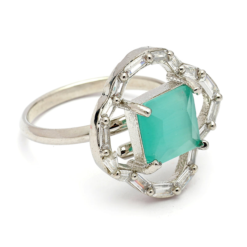 Rhodium Plated Silver Toned Square Shaped Sea Green & White American Diamond Studded Pendant Combo With Ring