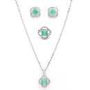 Rhodium Plated Silver Toned Square Shaped Sea Green & White American Diamond Studded Pendant Combo With Ring