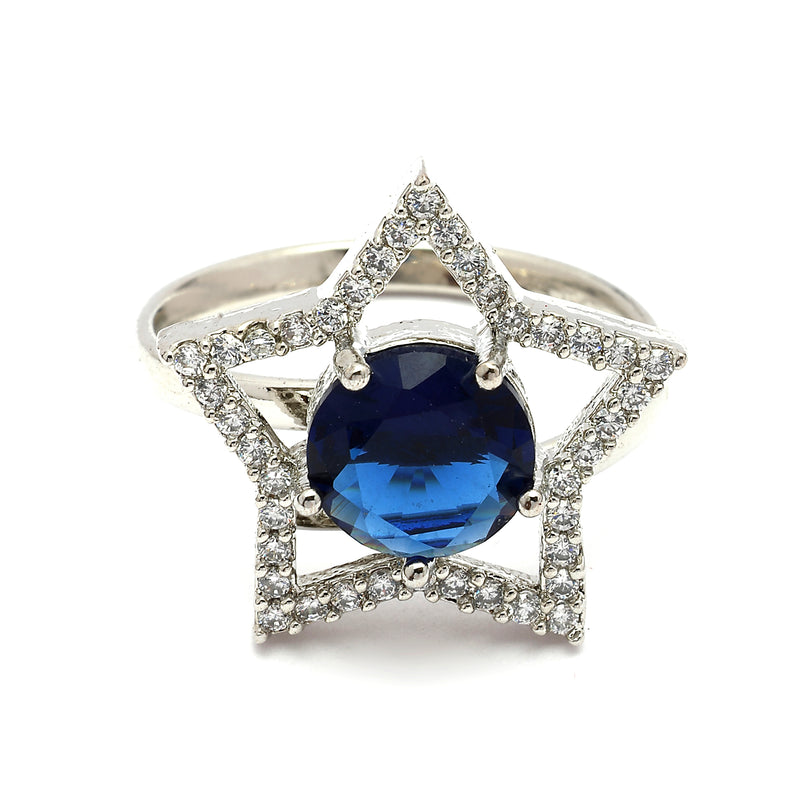Rhodium Plated Silver Toned Star Shaped Blue & White American Diamond Studded Pendant Combo With Ring
