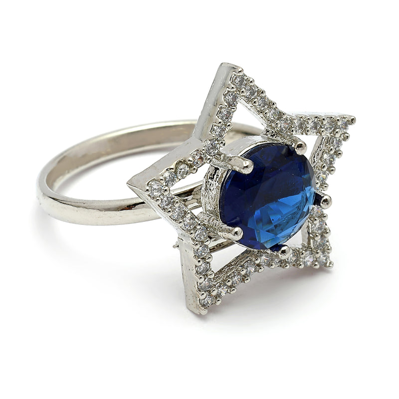 Rhodium Plated Silver Toned Star Shaped Blue & White American Diamond Studded Pendant Combo With Ring