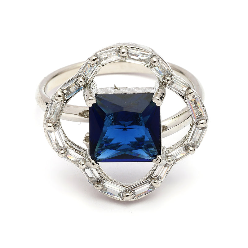 Rhodium Plated Silver Toned Square Shaped Blue & White American Diamond Studded Pendant Combo With Ring