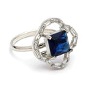 Rhodium Plated Silver Toned Square Shaped Blue & White American Diamond Studded Pendant Combo With Ring