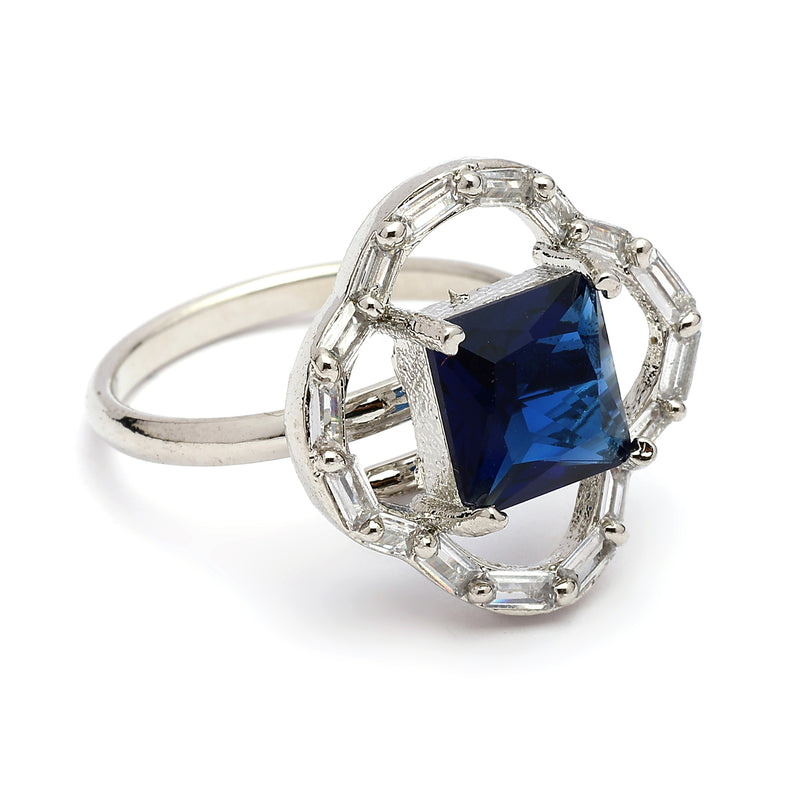 Rhodium Plated Silver Toned Square Shaped Blue & White American Diamond Studded Pendant Combo With Ring