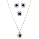Rhodium Plated Silver Toned Square Shaped Blue & White American Diamond Studded Pendant Combo With Ring