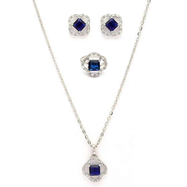 Rhodium Plated Silver Toned Square Shaped Blue & White American Diamond Studded Pendant Combo With Ring