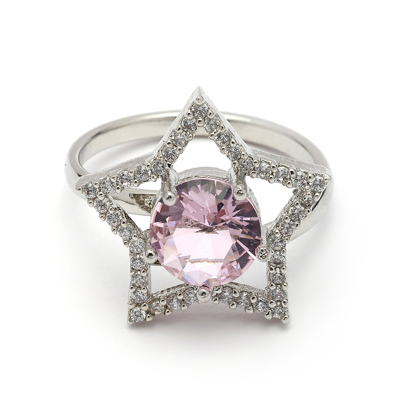 Rhodium Plated Silver Toned Star Pink & White American Diamond Studded Pendant Combo With Ring