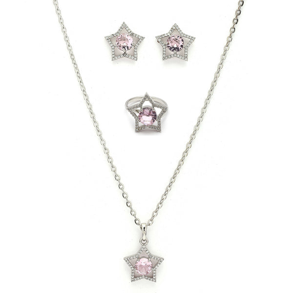 Rhodium Plated Silver Toned Star Pink & White American Diamond Studded Pendant Combo With Ring