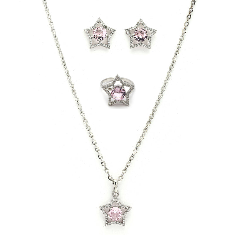 Rhodium Plated Silver Toned Star Pink & White American Diamond Studded Pendant Combo With Ring