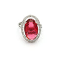 Rhodium Plated Silver Toned Red & White American Diamond Studded Oval Shaped Pendant Combo With Ring