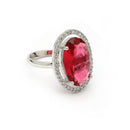 Rhodium Plated Silver Toned Red & White American Diamond Studded Oval Shaped Pendant Combo With Ring