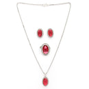 Rhodium Plated Silver Toned Red & White American Diamond Studded Oval Shaped Pendant Combo With Ring