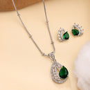 Rhodium Plated Brass American Diamond Leaf Halo Teardrop Pendant Set for Women