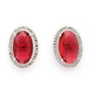 Rhodium Plated Silver Toned Red & White American Diamond Studded Oval Shaped Pendant Combo With Ring