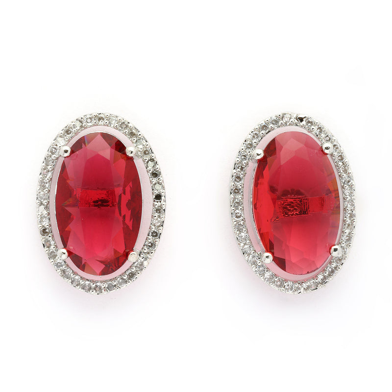 Rhodium Plated Silver Toned Red & White American Diamond Studded Oval Shaped Pendant Combo With Ring