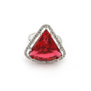 Rhodium Plated Silver Toned Red & White American Diamond Studded Triangular Shaped Pendant Combo With Ring