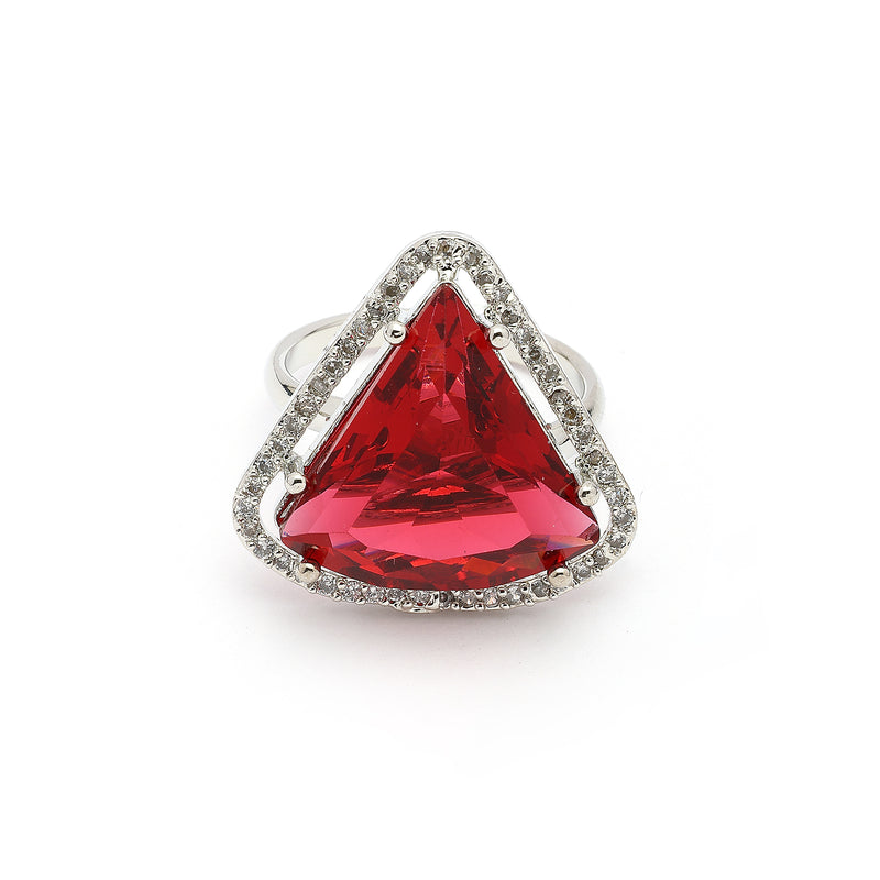 Rhodium Plated Silver Toned Red & White American Diamond Studded Triangular Shaped Pendant Combo With Ring