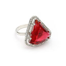 Rhodium Plated Silver Toned Red & White American Diamond Studded Triangular Shaped Pendant Combo With Ring