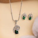 Rhodium Plated Brass American Diamond Geometric Spiral Rectangle Pendant Set for Women