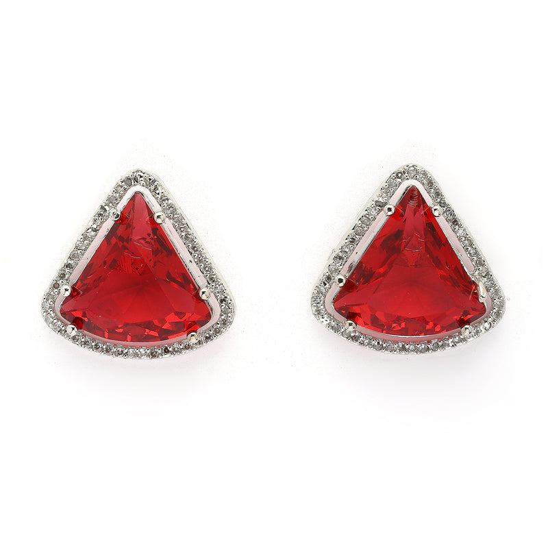 Rhodium Plated Silver Toned Red & White American Diamond Studded Triangular Shaped Pendant Combo With Ring