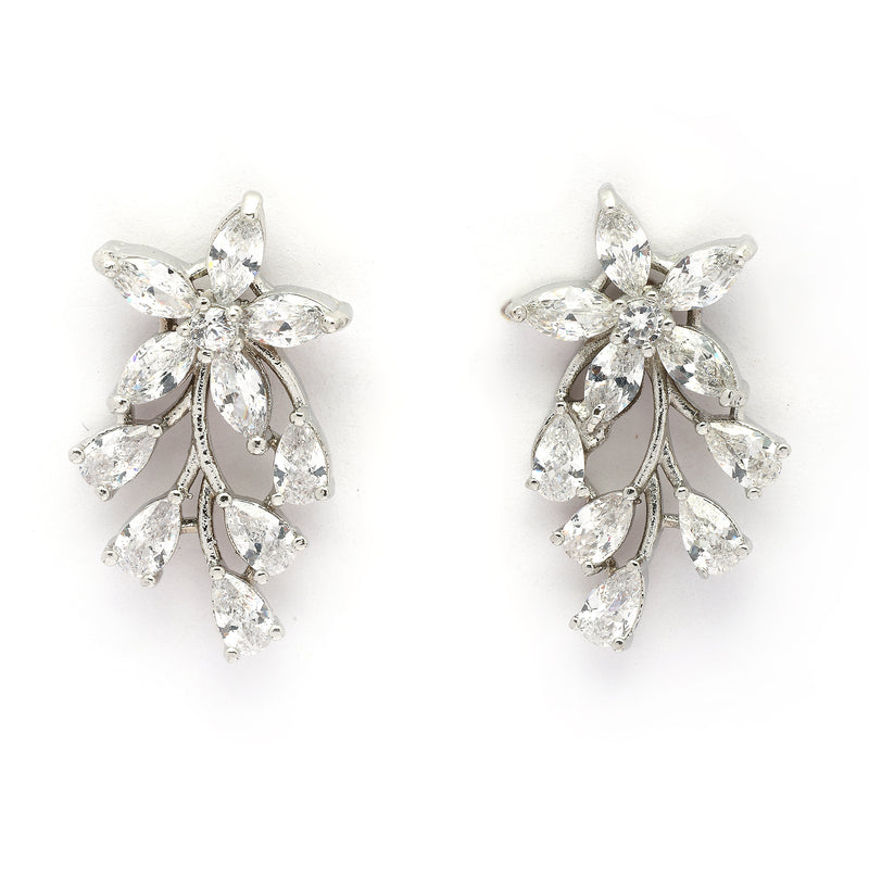 Rhodium Plated Silver Toned White American Diamond Studded Floral Teardrop Shaped Pendant Set