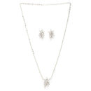 Rhodium Plated Silver Toned White American Diamond Studded Floral Teardrop Shaped Pendant Set