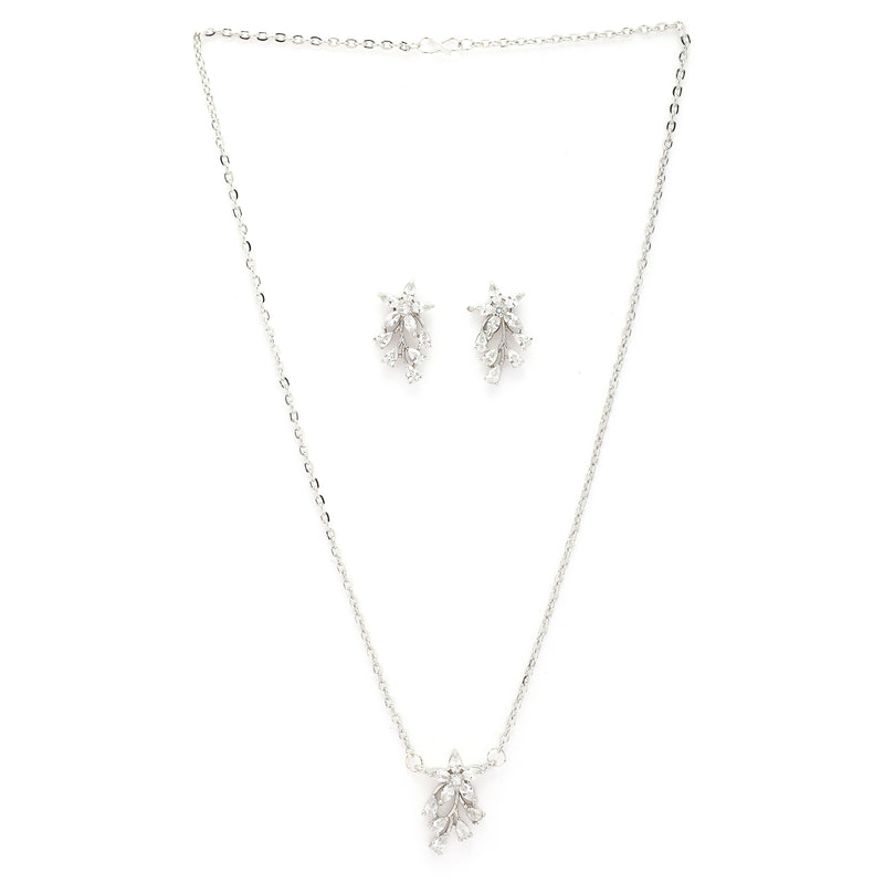 Rhodium Plated Silver Toned White American Diamond Studded Floral Teardrop Shaped Pendant Set