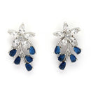 Rhodium Plated Silver Toned Blue And White American Diamond Studded Floral Teardrop Shaped Pendant Set