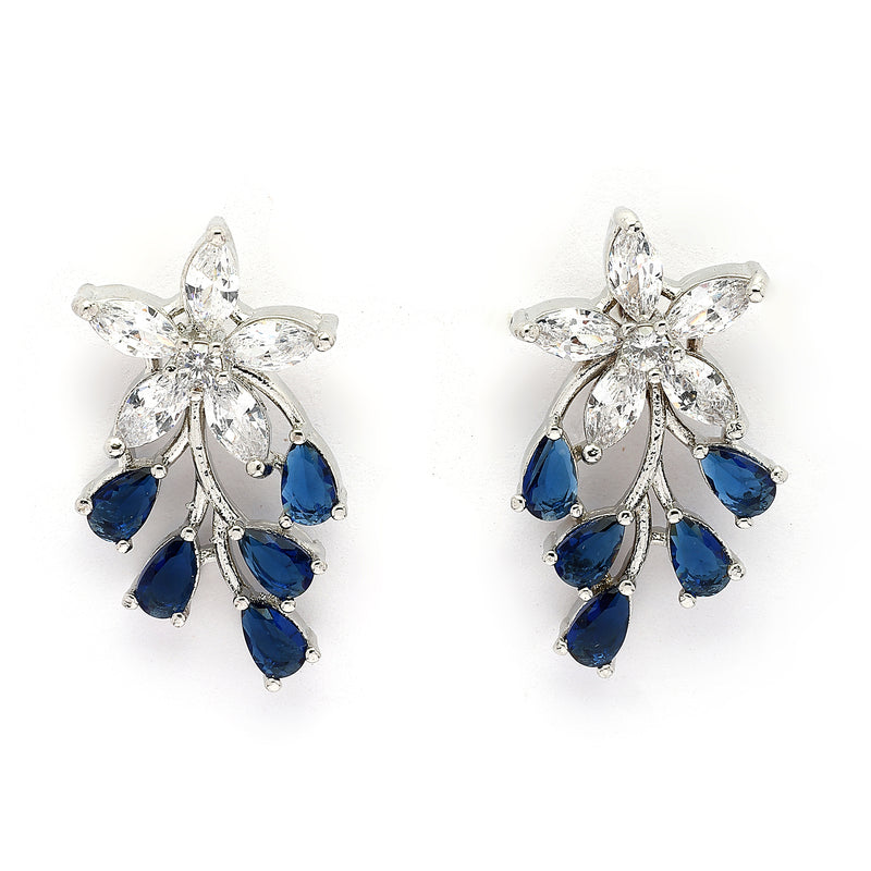 Rhodium Plated Silver Toned Blue And White American Diamond Studded Floral Teardrop Shaped Pendant Set