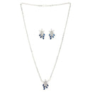 Rhodium Plated Silver Toned Blue And White American Diamond Studded Floral Teardrop Shaped Pendant Set
