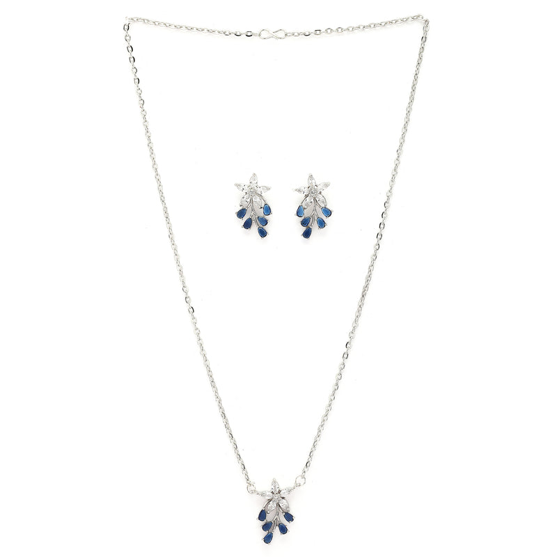 Rhodium Plated Silver Toned Blue And White American Diamond Studded Floral Teardrop Shaped Pendant Set