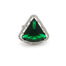 Rhodium Plated Silver Toned Green & White American Diamond Studded Triangular Shaped Pendant Combo With Ring