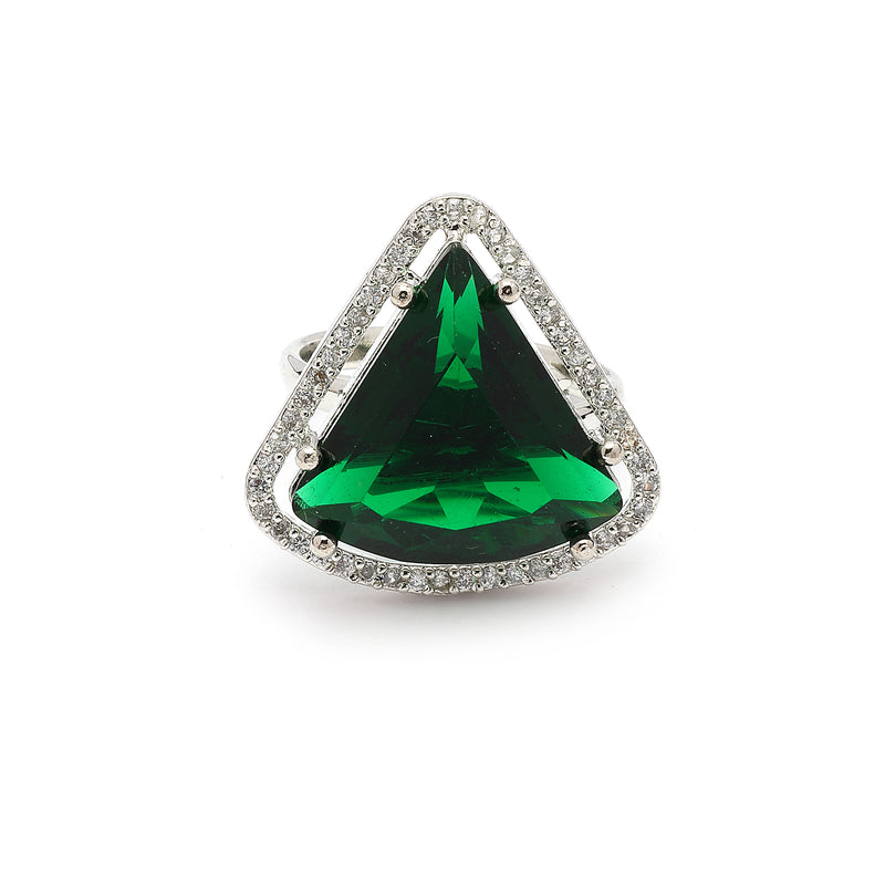 Rhodium Plated Silver Toned Green & White American Diamond Studded Triangular Shaped Pendant Combo With Ring