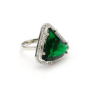 Rhodium Plated Silver Toned Green & White American Diamond Studded Triangular Shaped Pendant Combo With Ring
