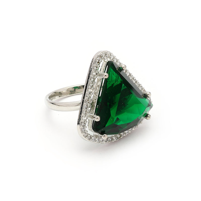 Rhodium Plated Silver Toned Green & White American Diamond Studded Triangular Shaped Pendant Combo With Ring