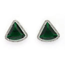 Rhodium Plated Silver Toned Green & White American Diamond Studded Triangular Shaped Pendant Combo With Ring