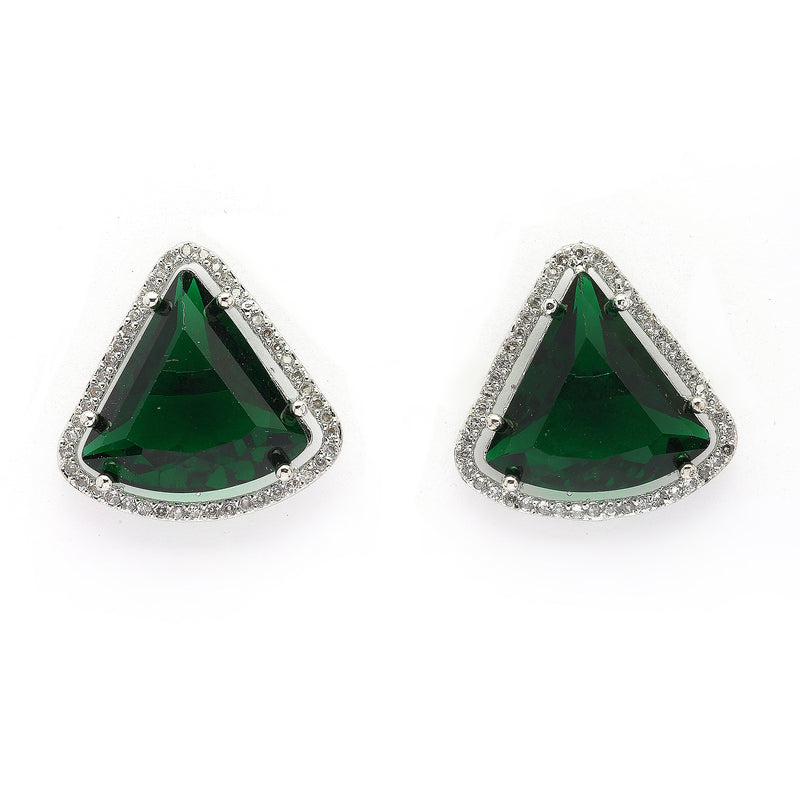 Rhodium Plated Silver Toned Green & White American Diamond Studded Triangular Shaped Pendant Combo With Ring