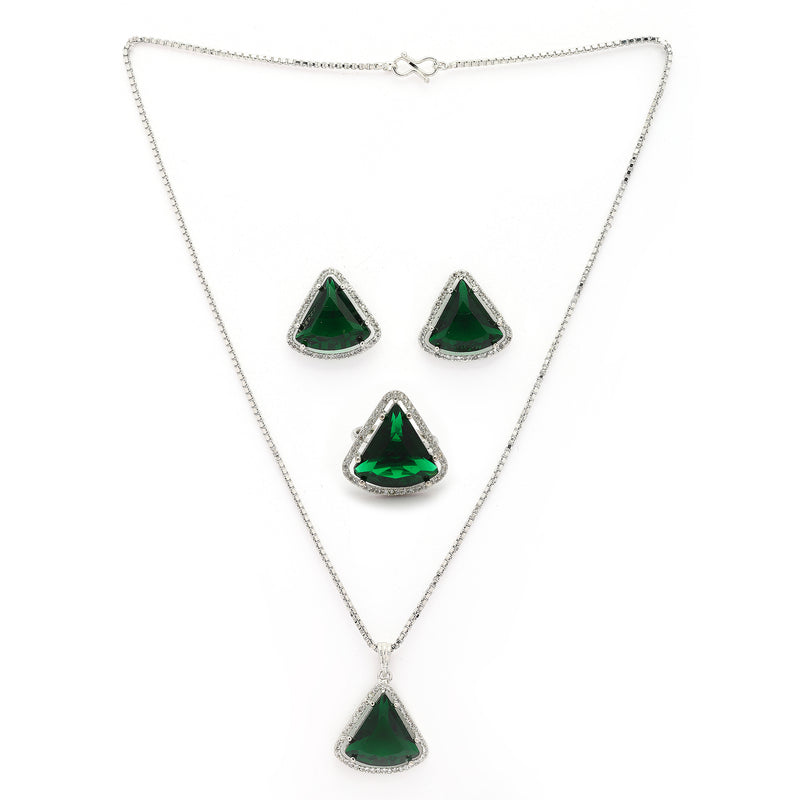 Rhodium Plated Silver Toned Green & White American Diamond Studded Triangular Shaped Pendant Combo With Ring