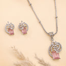 Rhodium Plated Brass American Diamond Geometric Spiral Rectangle Pendant Set for Women