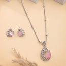 Rhodium Plated Brass American Diamond Leaf Halo Teardrop Pendant Set for Women & Girls