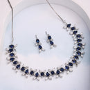 Sapphire Blue Silver Toned Brass Floral Marquise Necklace Set for Women