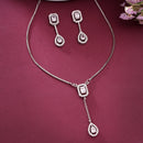 Rhodium Plated Silver Toned White American Diamond Studded Geometrical Shaped Pendant Chain Set