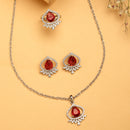 Rhodium Plated Silver Toned Ruby Red Tear dropped  Shaped American Diamond Studded Pendant Combo With Ring