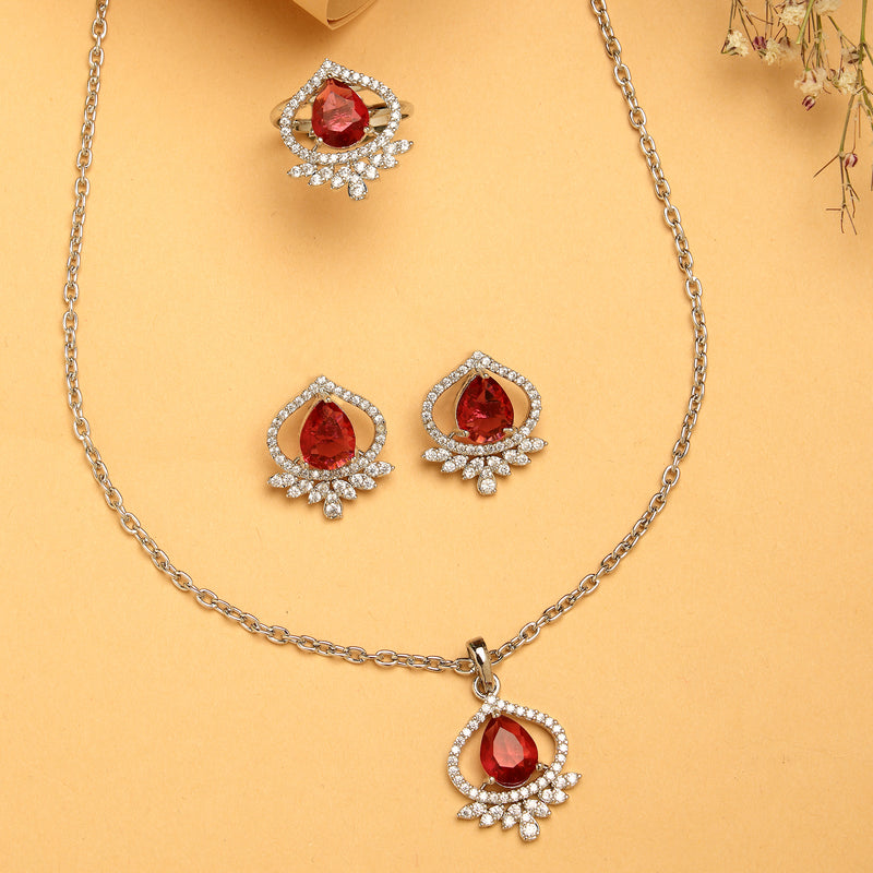Rhodium Plated Silver Toned Ruby Red Tear dropped  Shaped American Diamond Studded Pendant Combo With Ring
