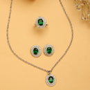 Rhodium Plated Silver Toned Oval Shaped Emarald Green American Diamond Studded Pendant Combo With Ring