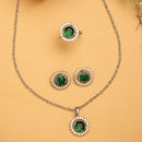 Rhodium Plated Silver Toned Emerald Green American Diamond Studded Pendant Combo With Ring