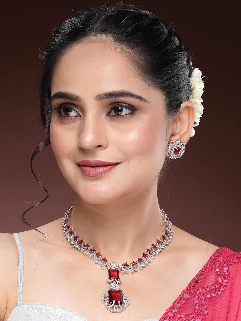 Rhodium Plated with Red American Diamond Studded Maharani Design Necklace Set