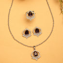 Rhodium Plated Silver Toned Violet Tear dropped  Shaped American Diamond Studded Pendant Combo With Ring